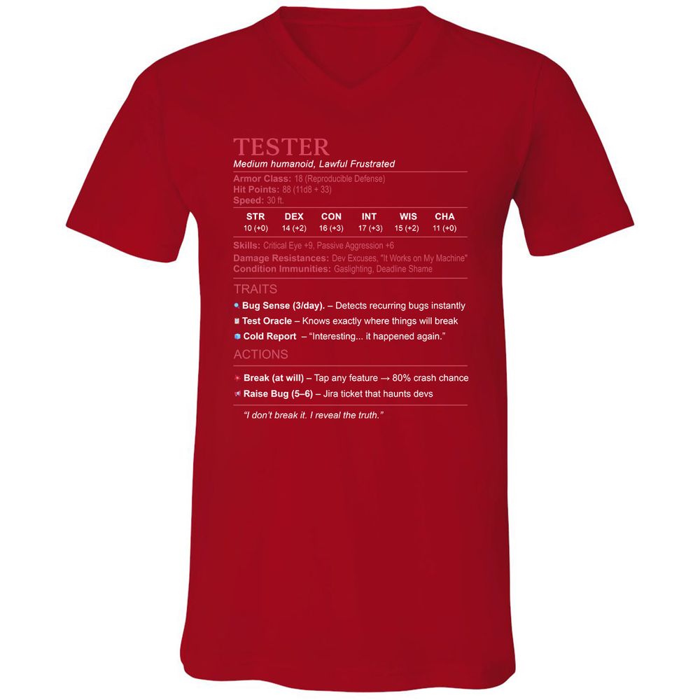 Tester Stats Unisex V-Neck T-Shirt - Red - 3
