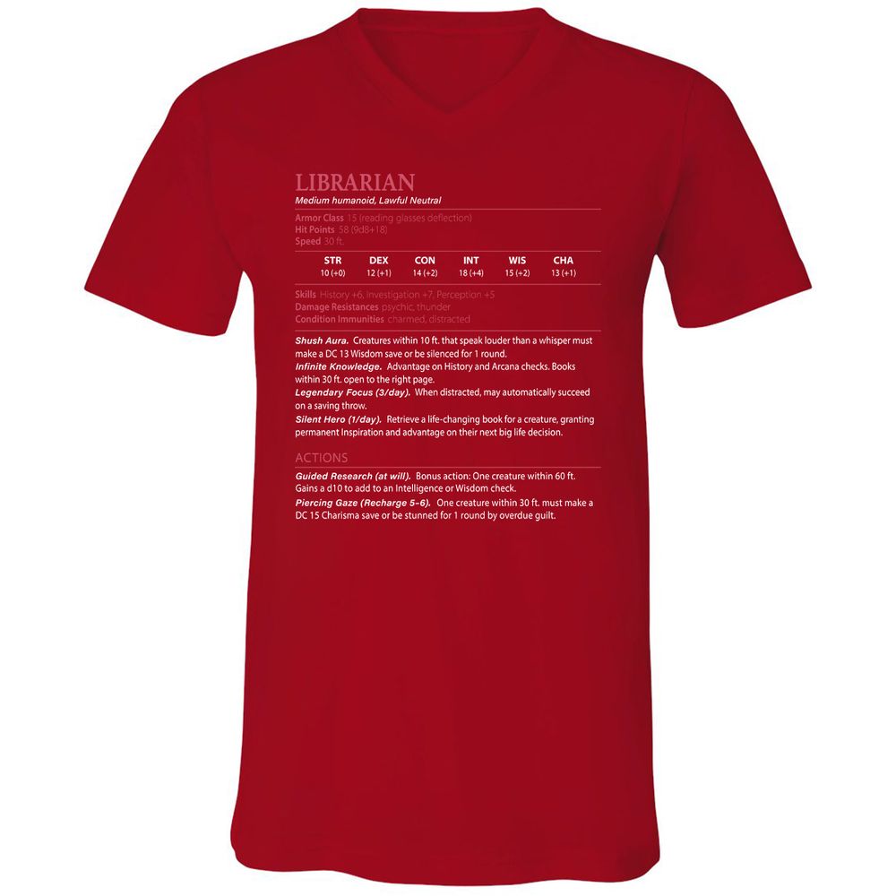 Librarian Stats Unisex V-Neck T-Shirt - Red - 3