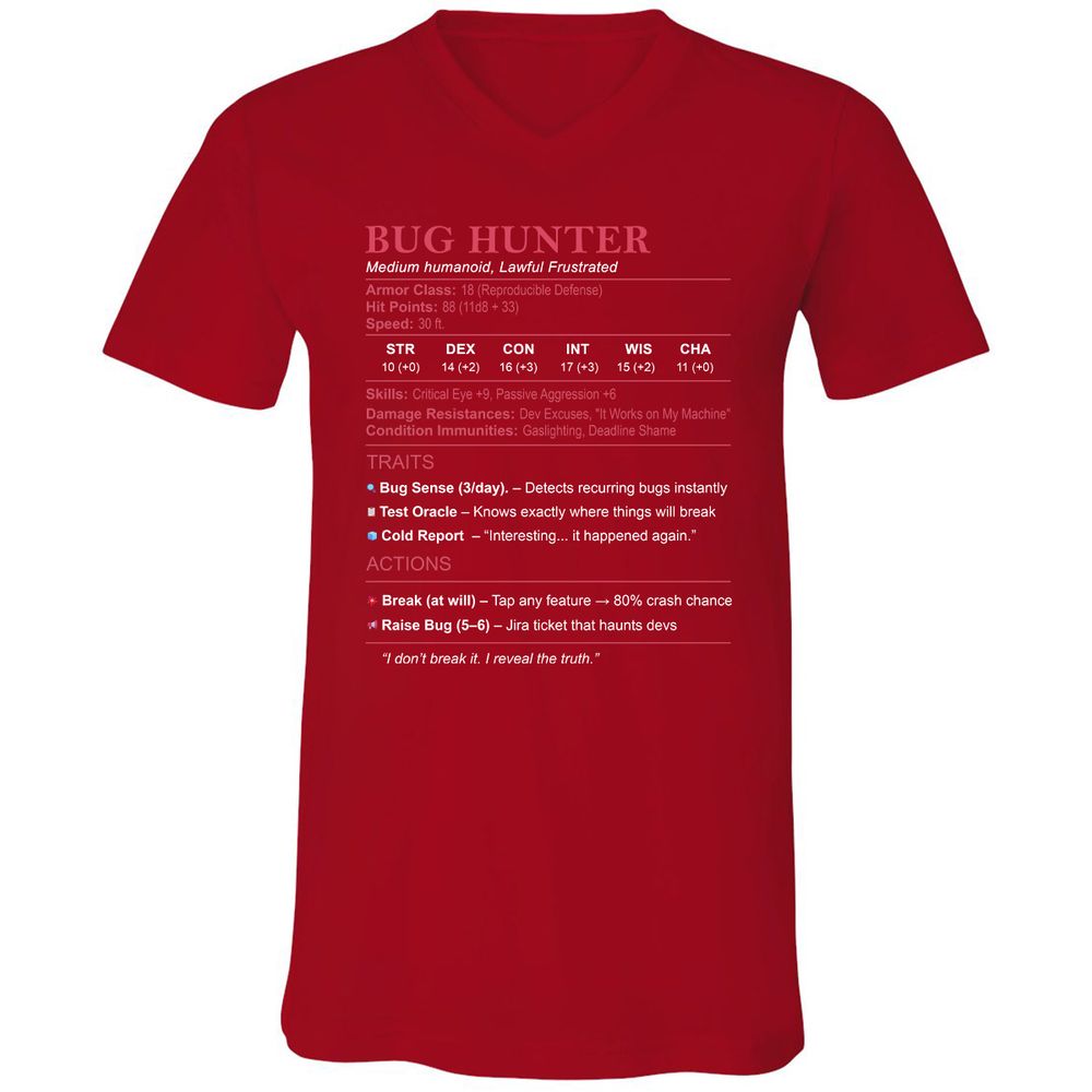 Tester Stats (Bug Hunter) Unisex V-Neck T-Shirt - Red - 3
