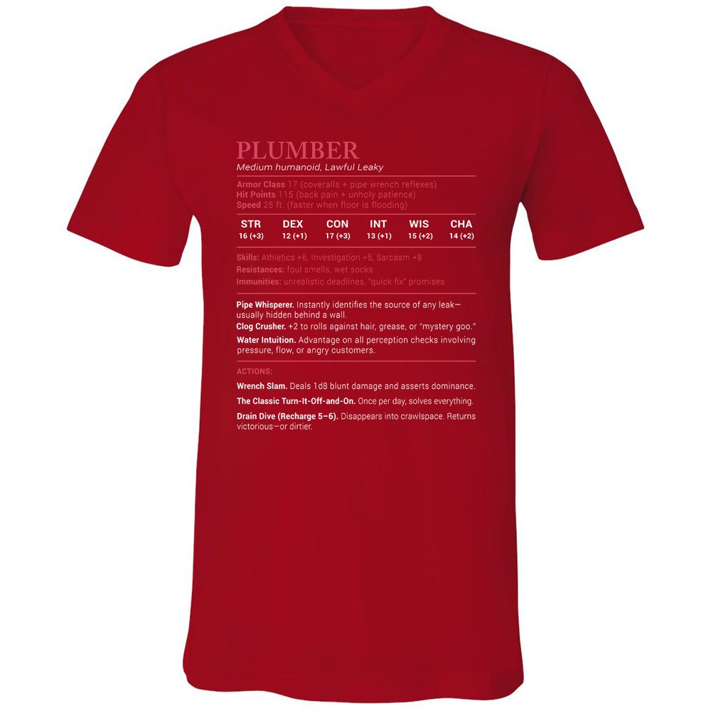 Plumber Stats Unisex V-Neck T-Shirt - Red - 3