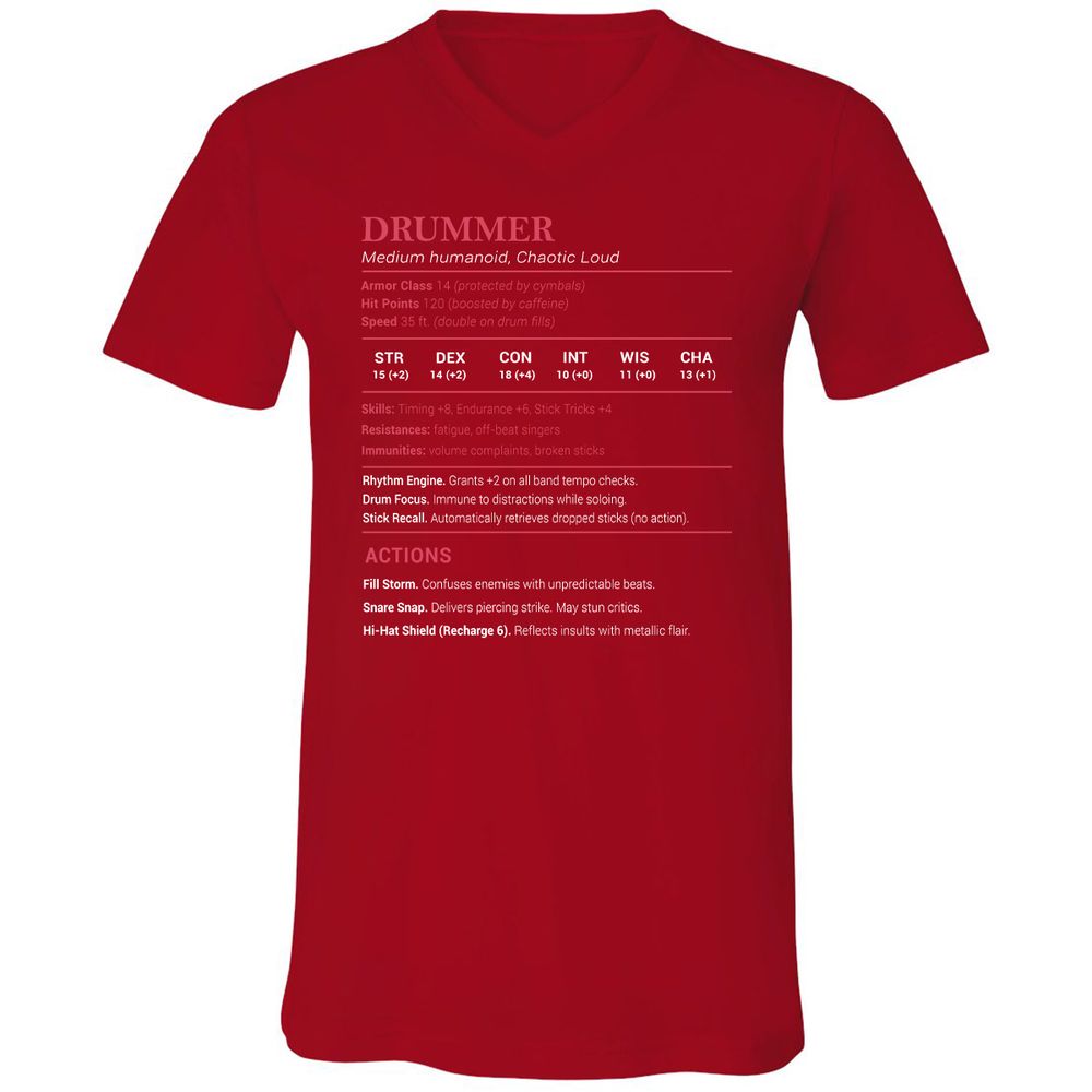 Drummer Stats Unisex V-Neck T-Shirt - Red - 3