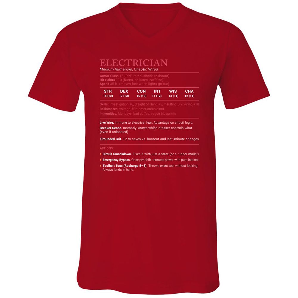 Electrician Stats Unisex V-Neck T-Shirt - Red - 3
