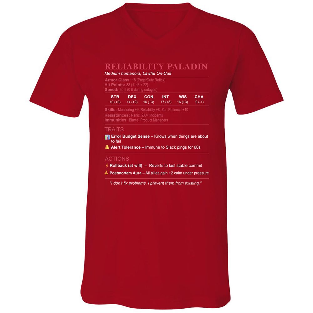 SRE Stats (Reliability Paladin) Unisex V-Neck T-Shirt - Red - 3