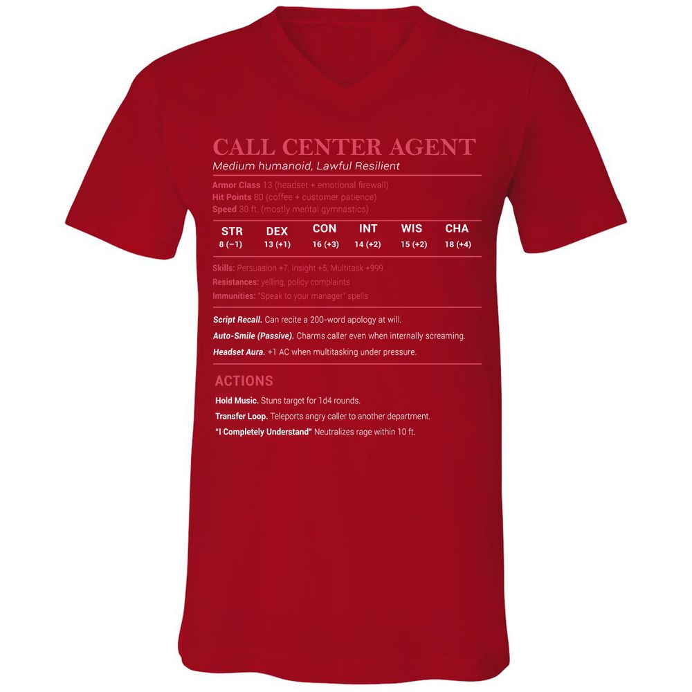 Call Center Agent Stats Unisex V-Neck T-Shirt - Red - 3