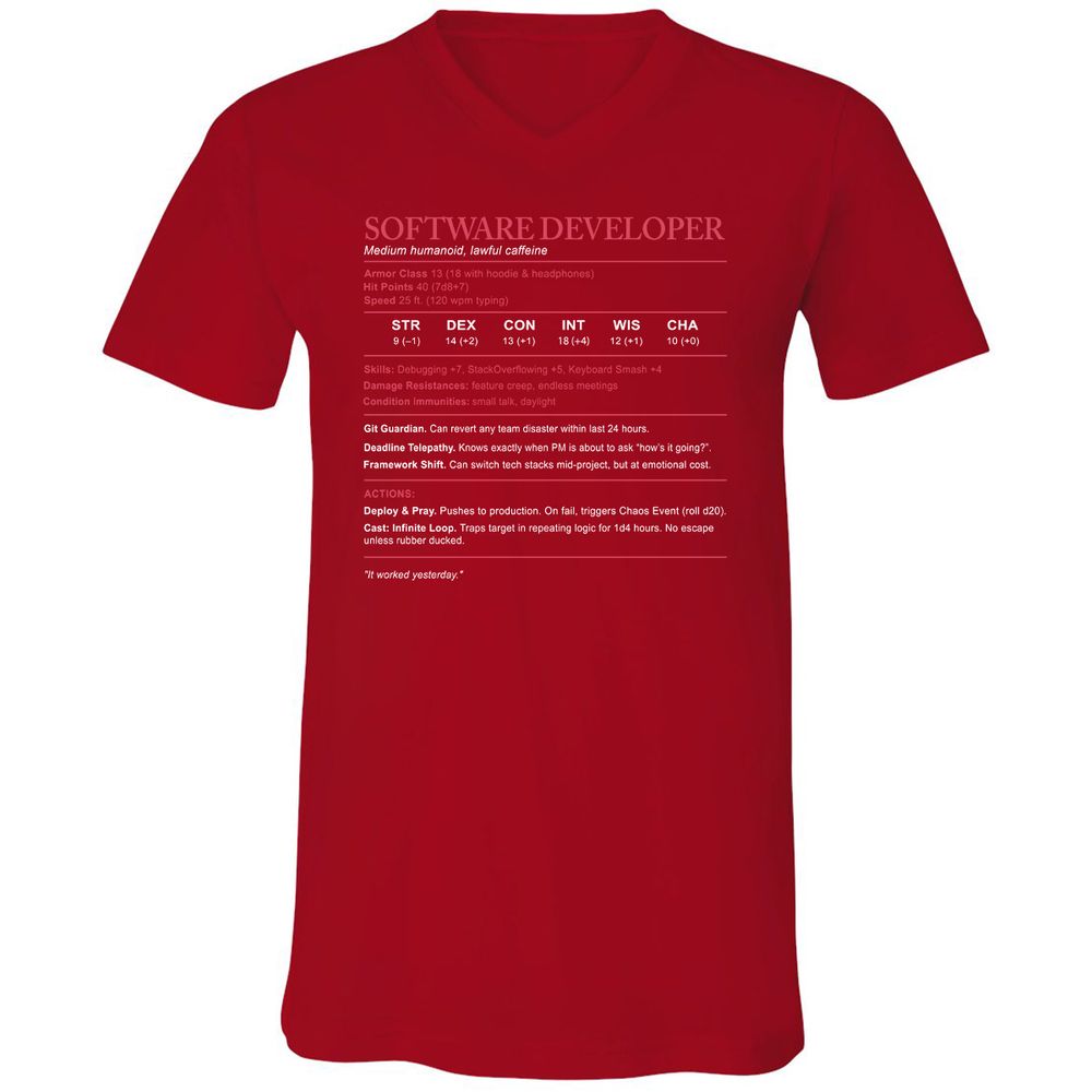 Software Developer Stats Unisex V-Neck T-Shirt - Red - 3