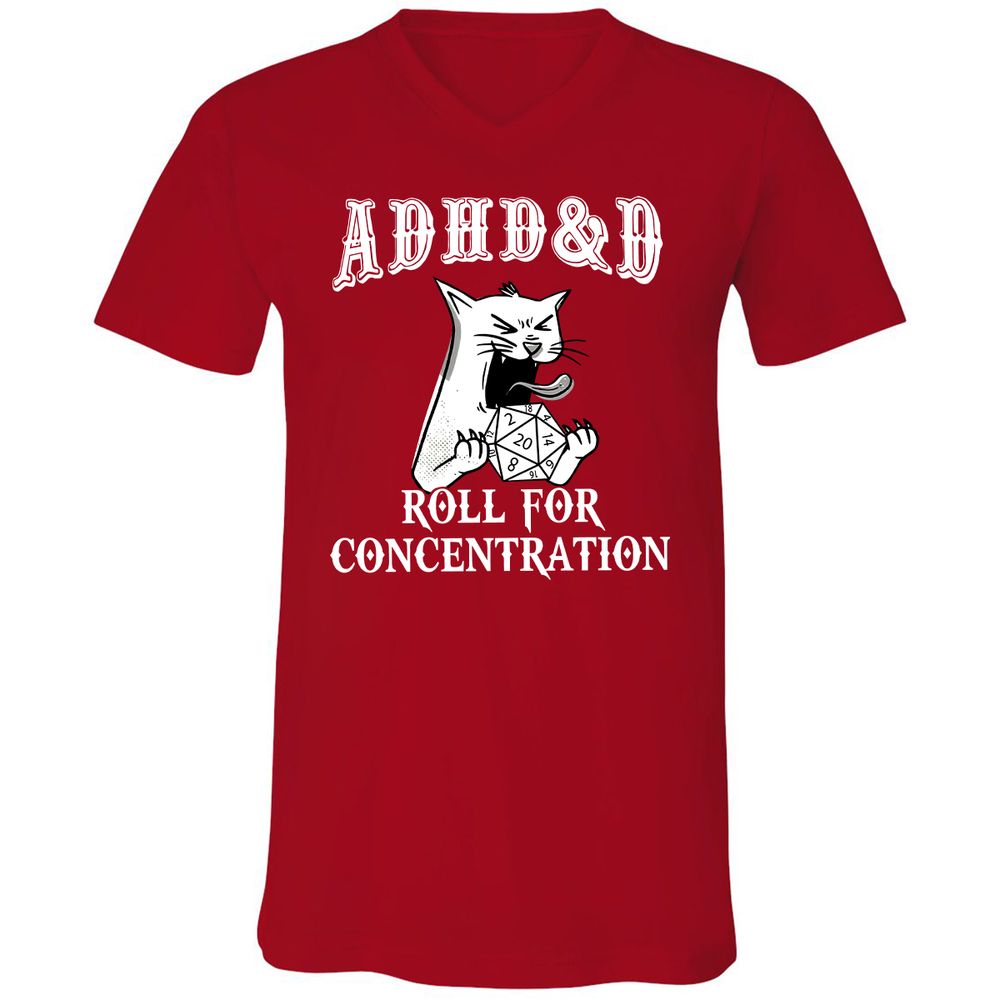 Cat ADHD&D Roll For Concentration Unisex V-Neck T-Shirt - Red - 3