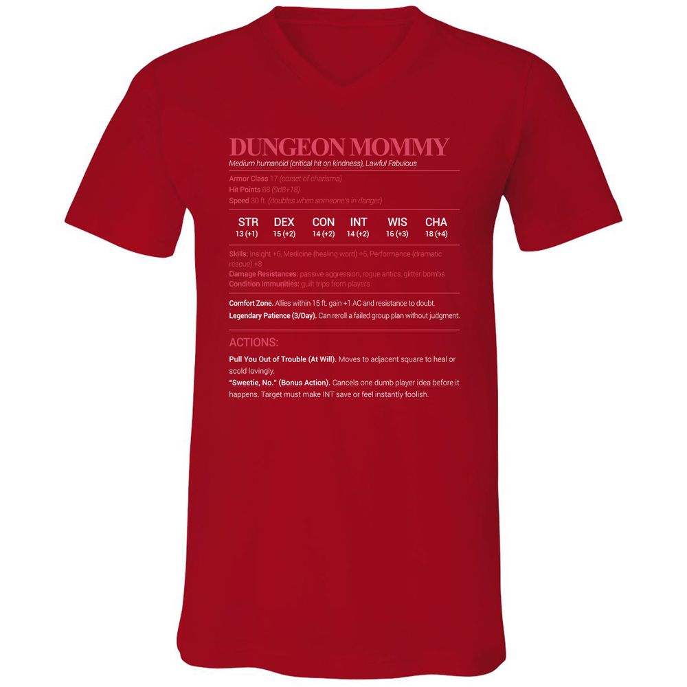 Dungeon Mommy Stats Unisex V-Neck T-Shirt - Red - 3