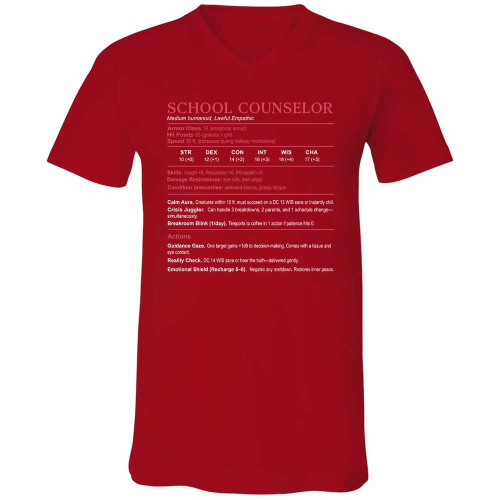 School Counselor Stats Unisex V-Neck T-Shirt - Red - 3