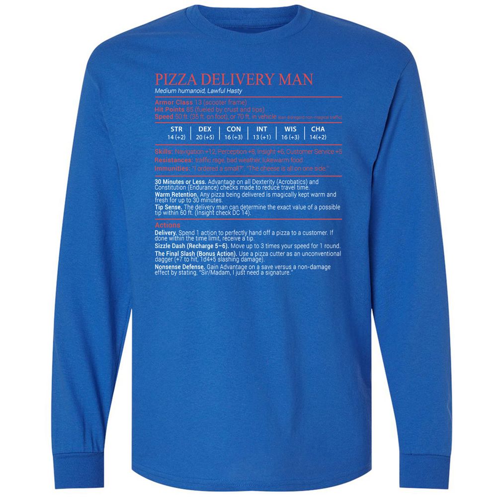 Pizza Delivery Man Stats Block Long Sleeve T-Shirt - Royal - 3