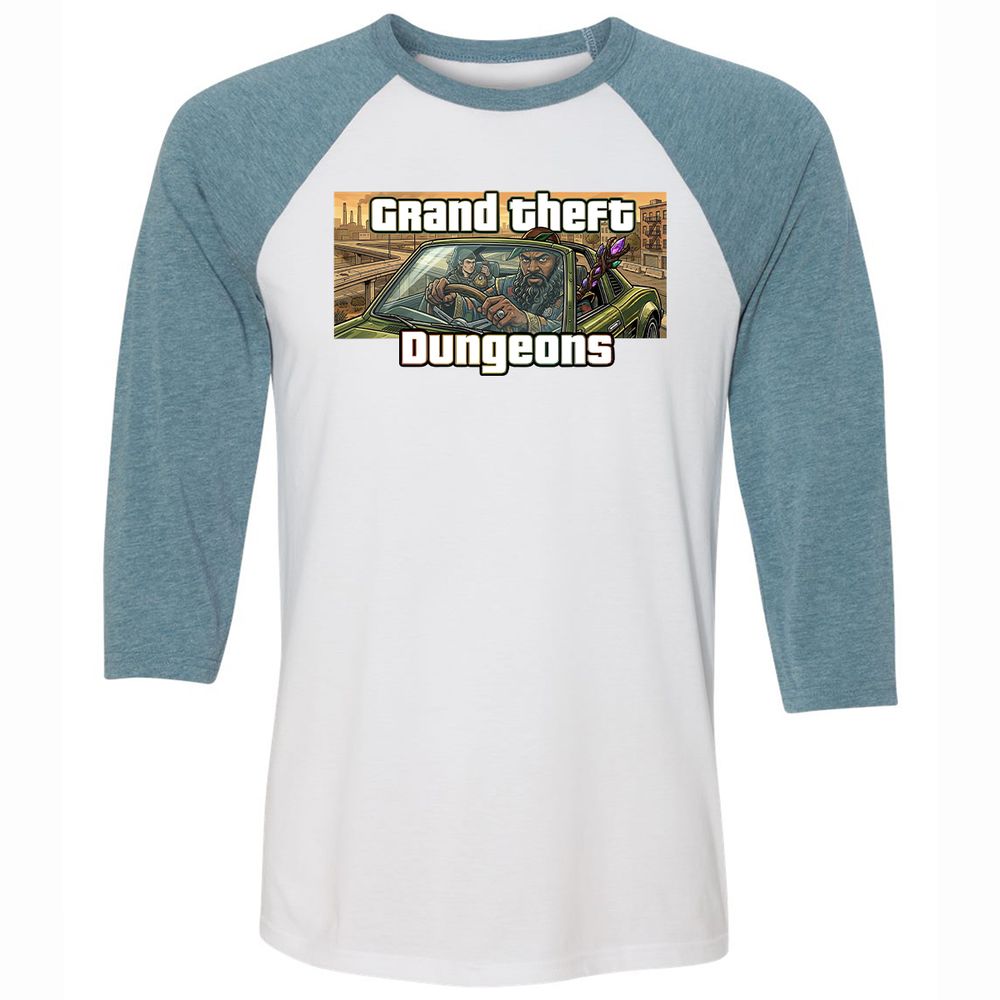 Grand Theft Dungeons Unisex 3/4 Baseball Tee - White/Denim - 3
