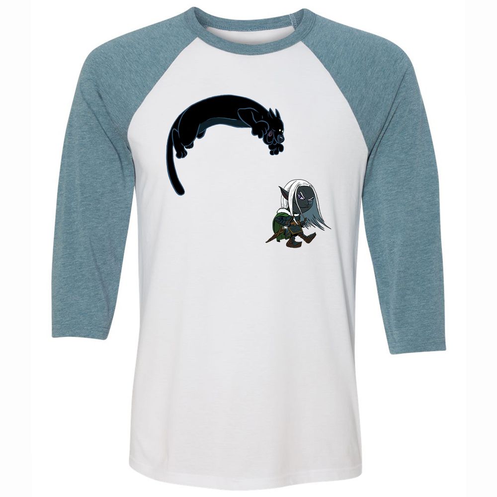 Drizzt and Guenhwyvar Unisex 3/4 Baseball Tee - White/Denim - 3