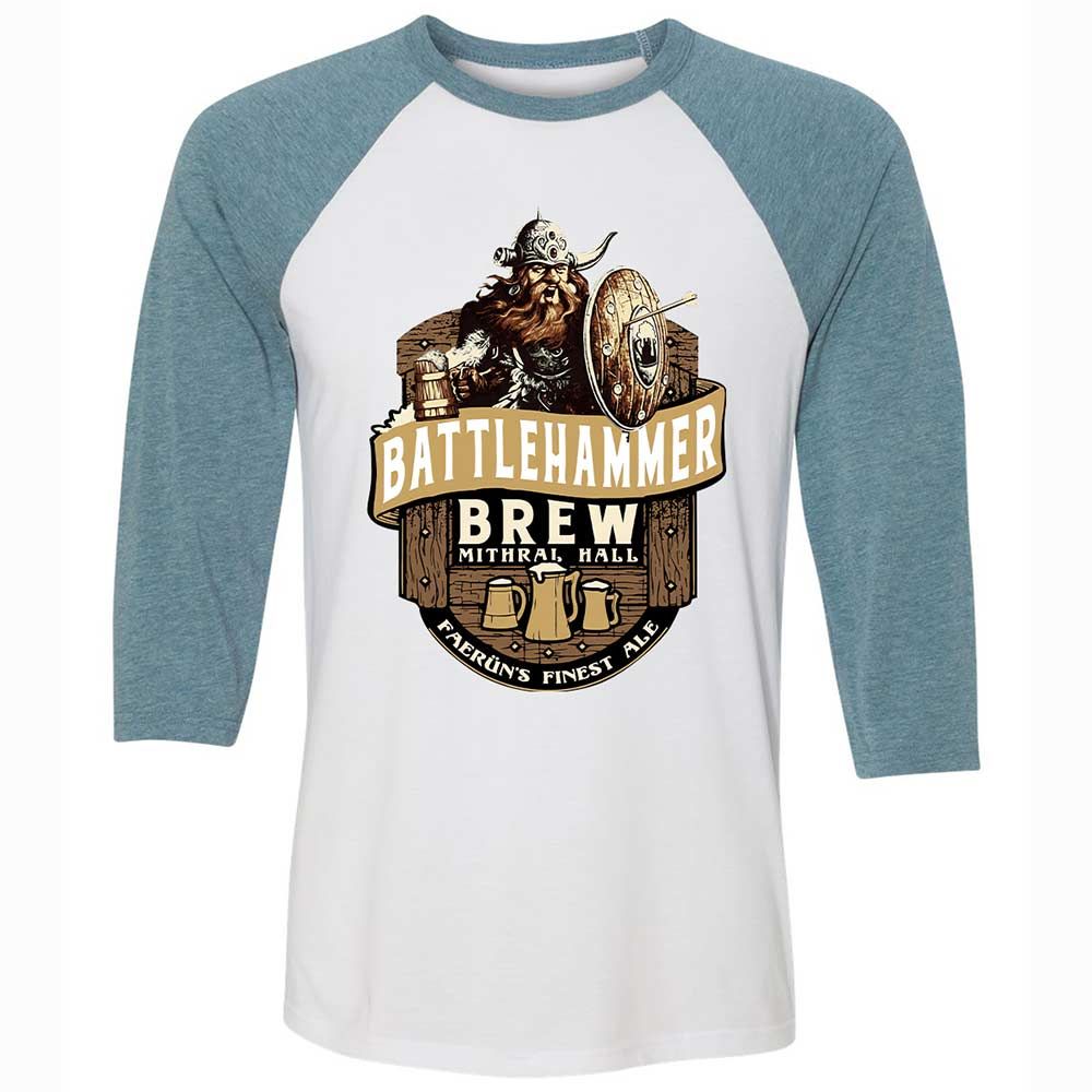 Battlehammer Brew Unisex 3/4 Baseball Tee - White/Denim - 3