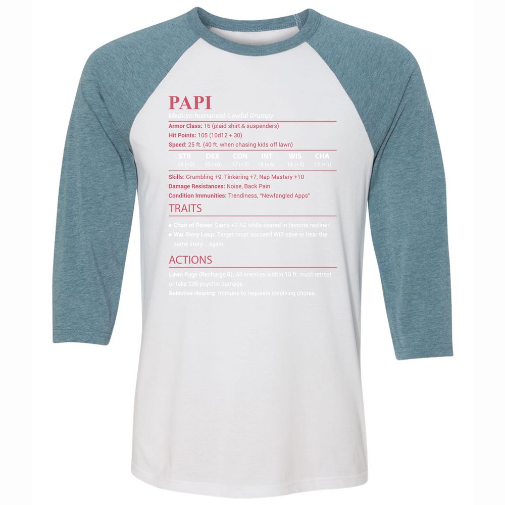Papi Stats Unisex 3/4 Baseball Tee - White/Denim - 3