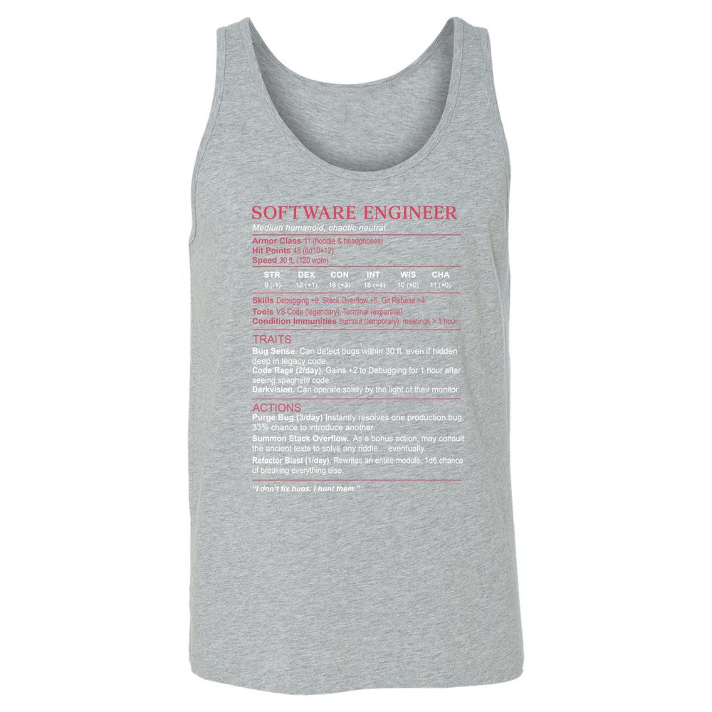 Software Engineer Stats Unisex Jersey Tank - Athletic Heather - 4