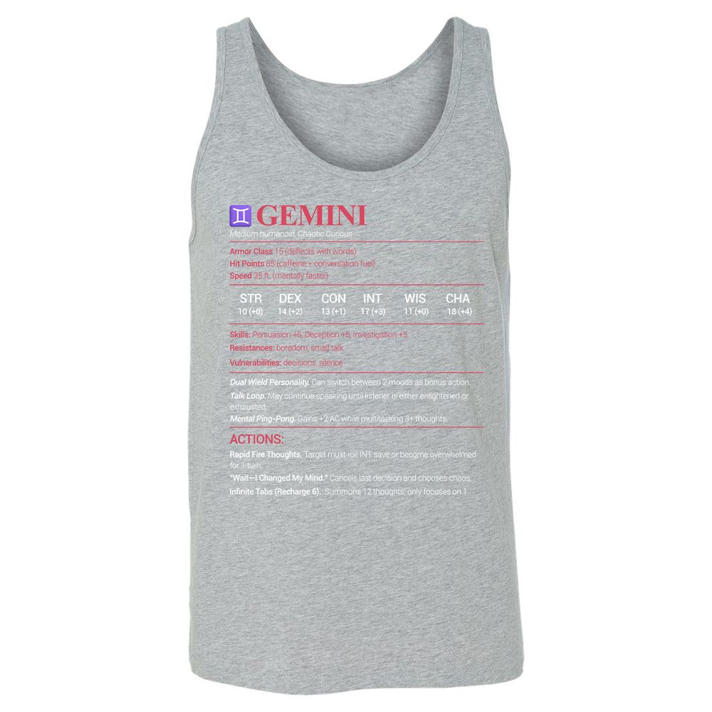 Gemini Stats Unisex Jersey Tank - Athletic Heather - 4