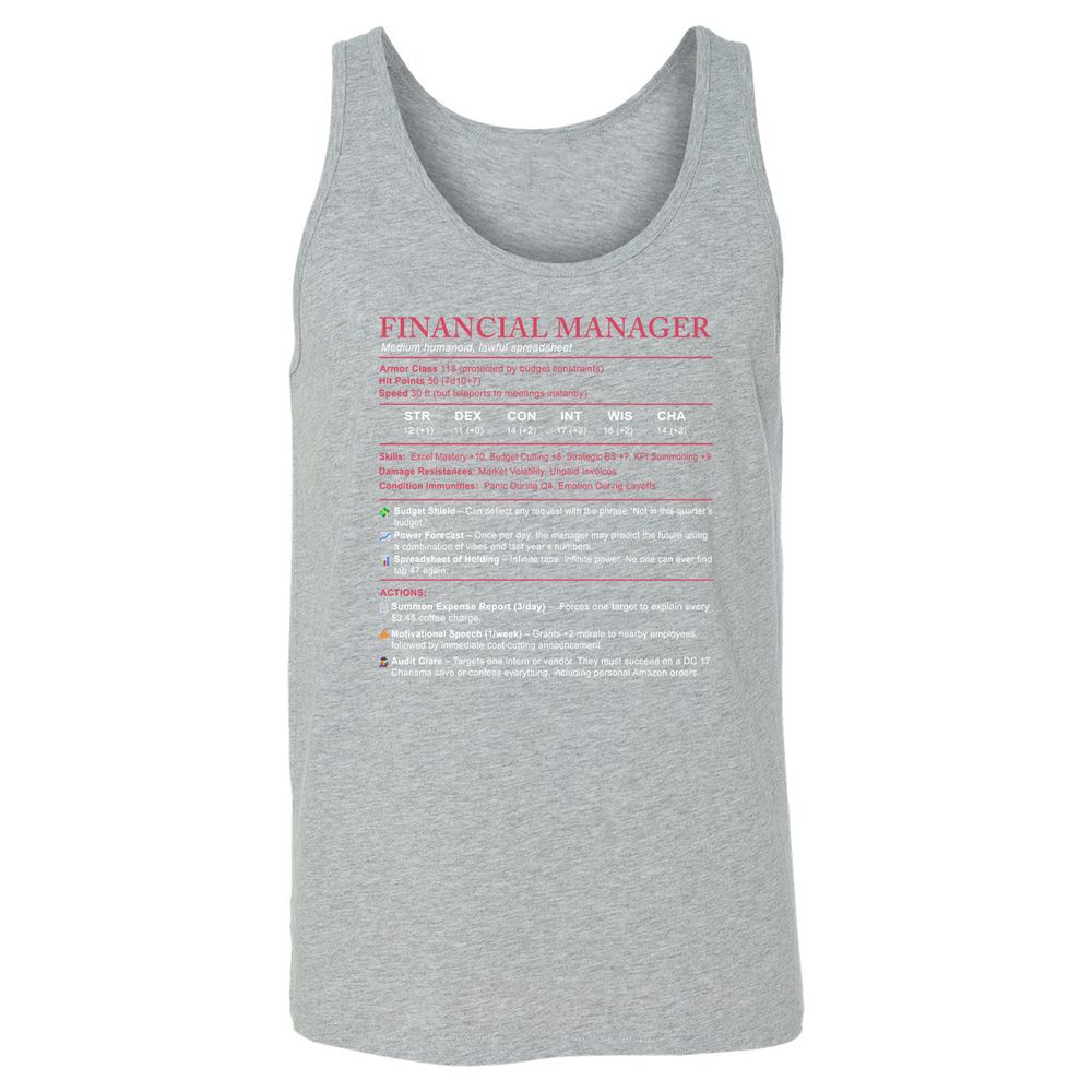Financial Manager Stats Unisex Jersey Tank - Athletic Heather - 4