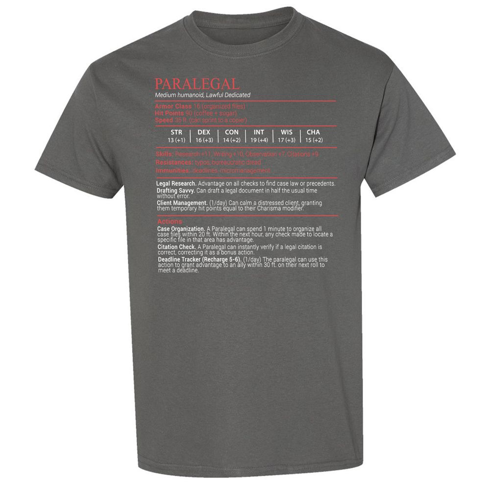 Paralegal Stats Block Classic Unisex T-Shirt - Charcoal - 4