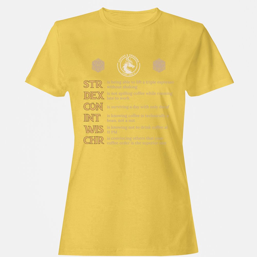 Coffee & Dragons RPG Stats Women's T-Shirt - Daisy - 4