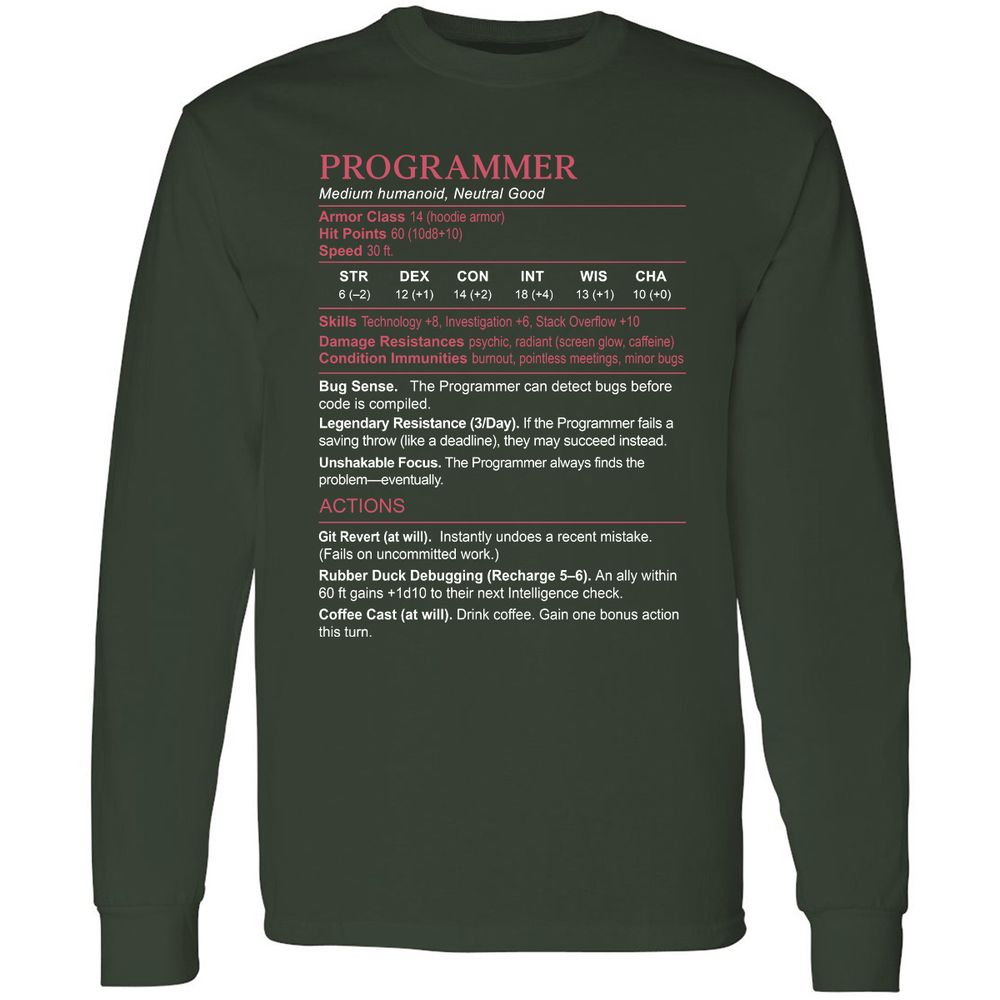 Programmer Stats Long Sleeve T-Shirt - Forest Green - 4