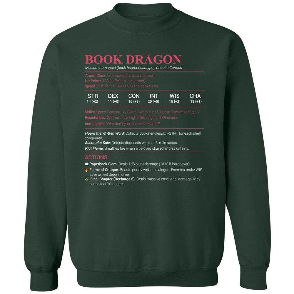 Book Dragon Stats Classic Unisex Sweatshirt - Forest Green - 4