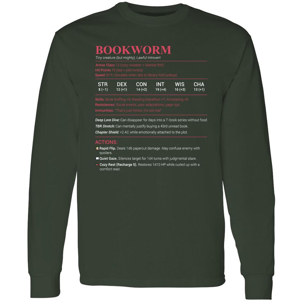 Bookworm Stats Long Sleeve T-Shirt - Forest Green - 4