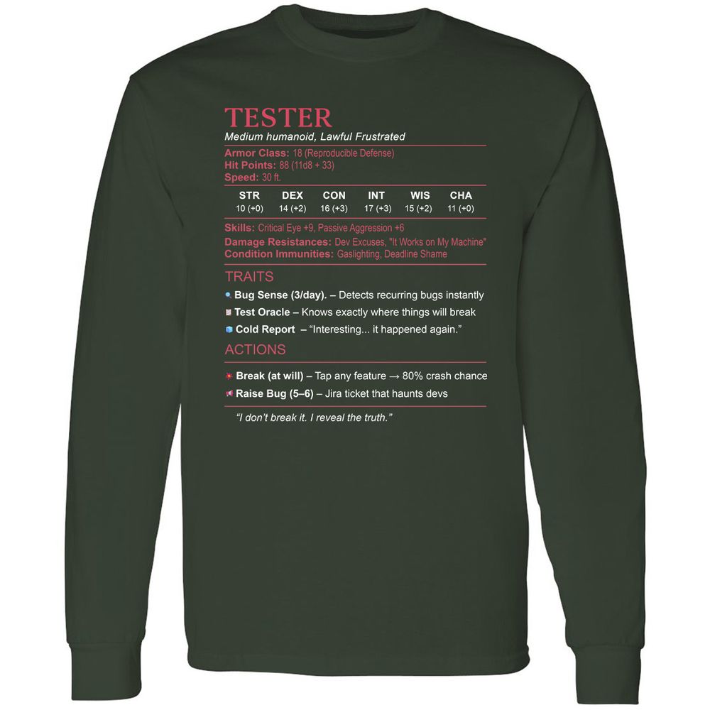 Tester Stats Long Sleeve T-Shirt - Forest Green - 4