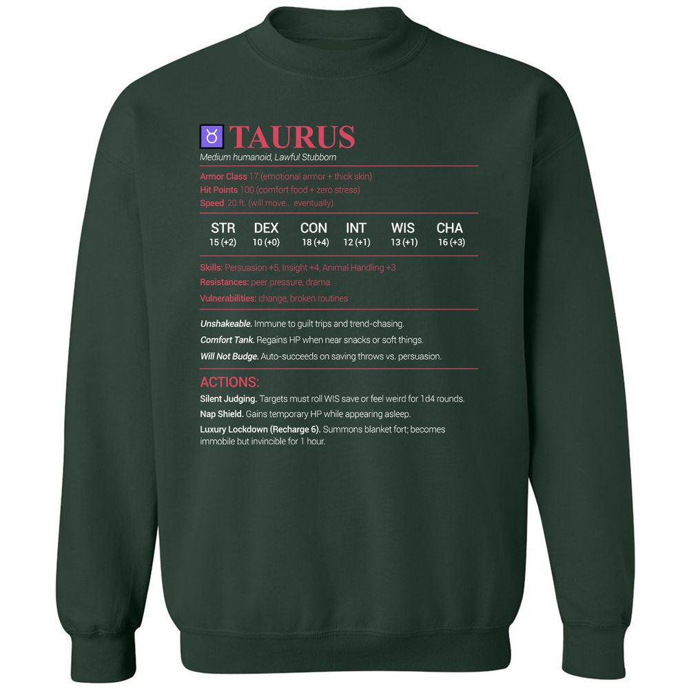 Taurus Stats Classic Unisex Sweatshirt - Forest Green - 4