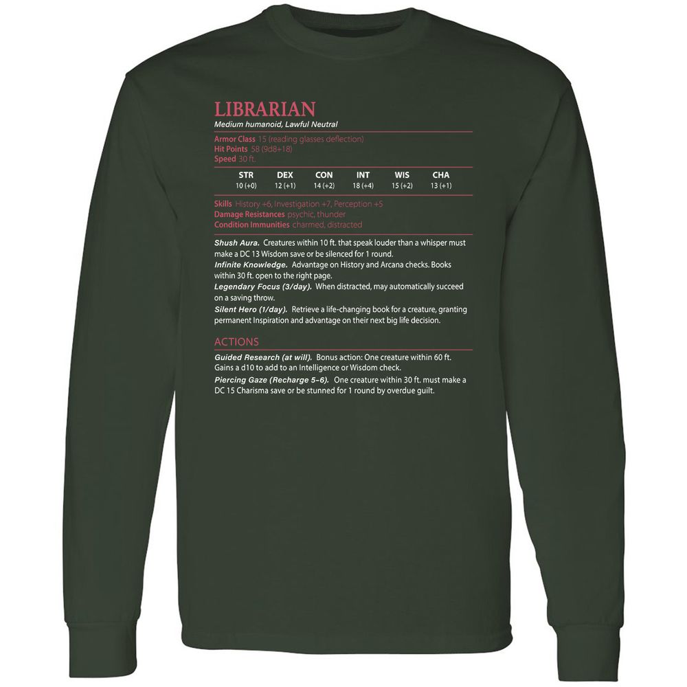 Librarian Stats Long Sleeve T-Shirt - Forest Green - 4