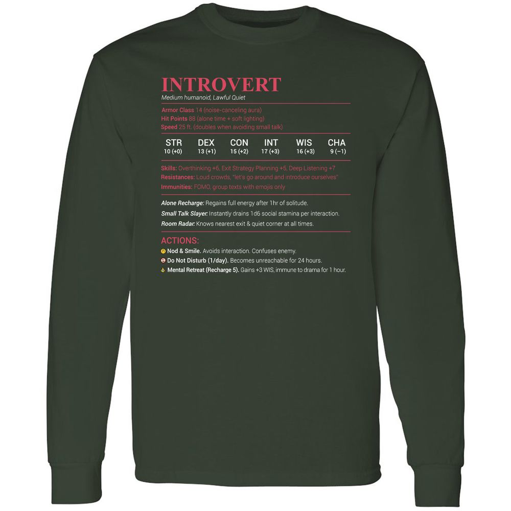 Introvert Stats Long Sleeve T-Shirt - Forest Green - 4