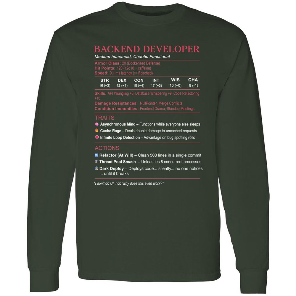 Backend Developer Stats Long Sleeve T-Shirt - Forest Green - 4