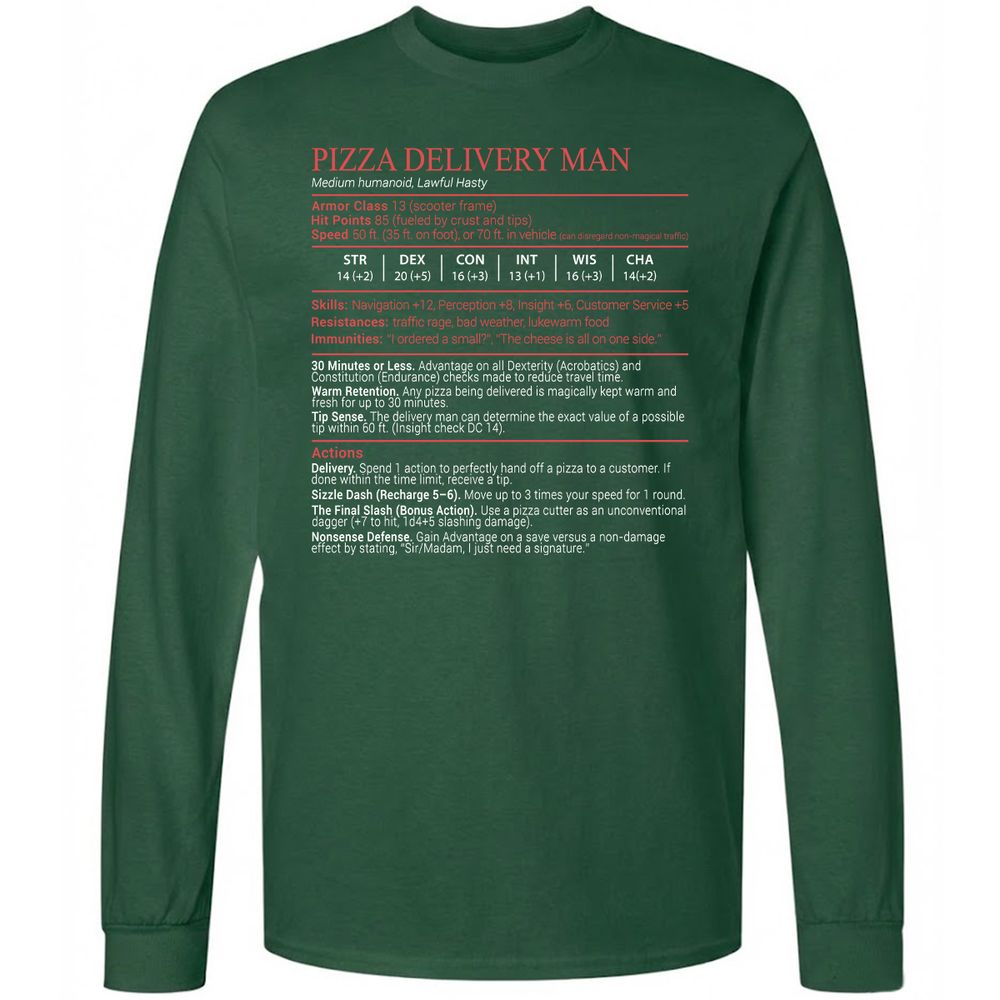 Pizza Delivery Man Stats Block Long Sleeve T-Shirt - Forest Green - 4