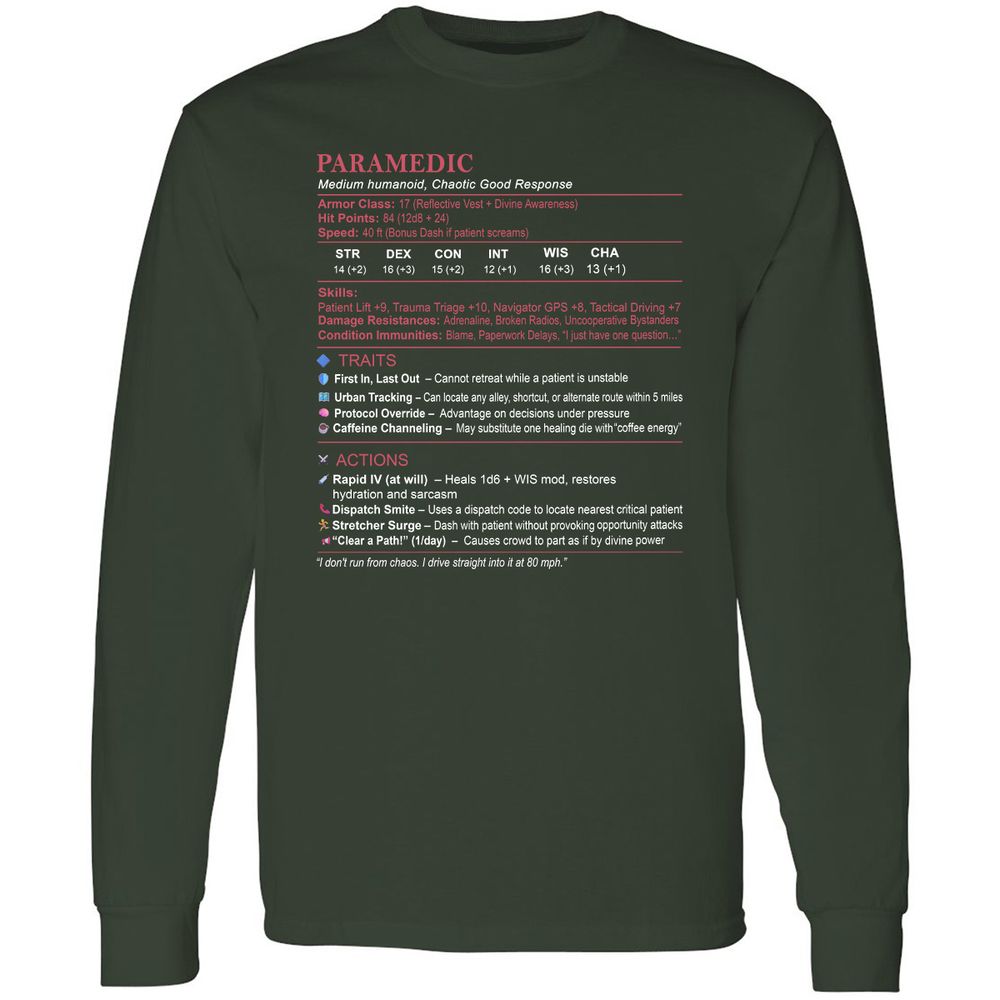 Paramedic Stats Long Sleeve T-Shirt - Forest Green - 4
