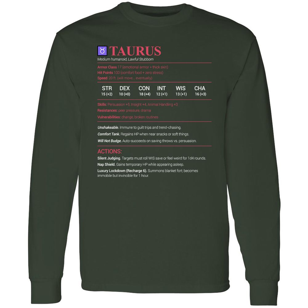 Taurus Stats Long Sleeve T-Shirt - Forest Green - 4
