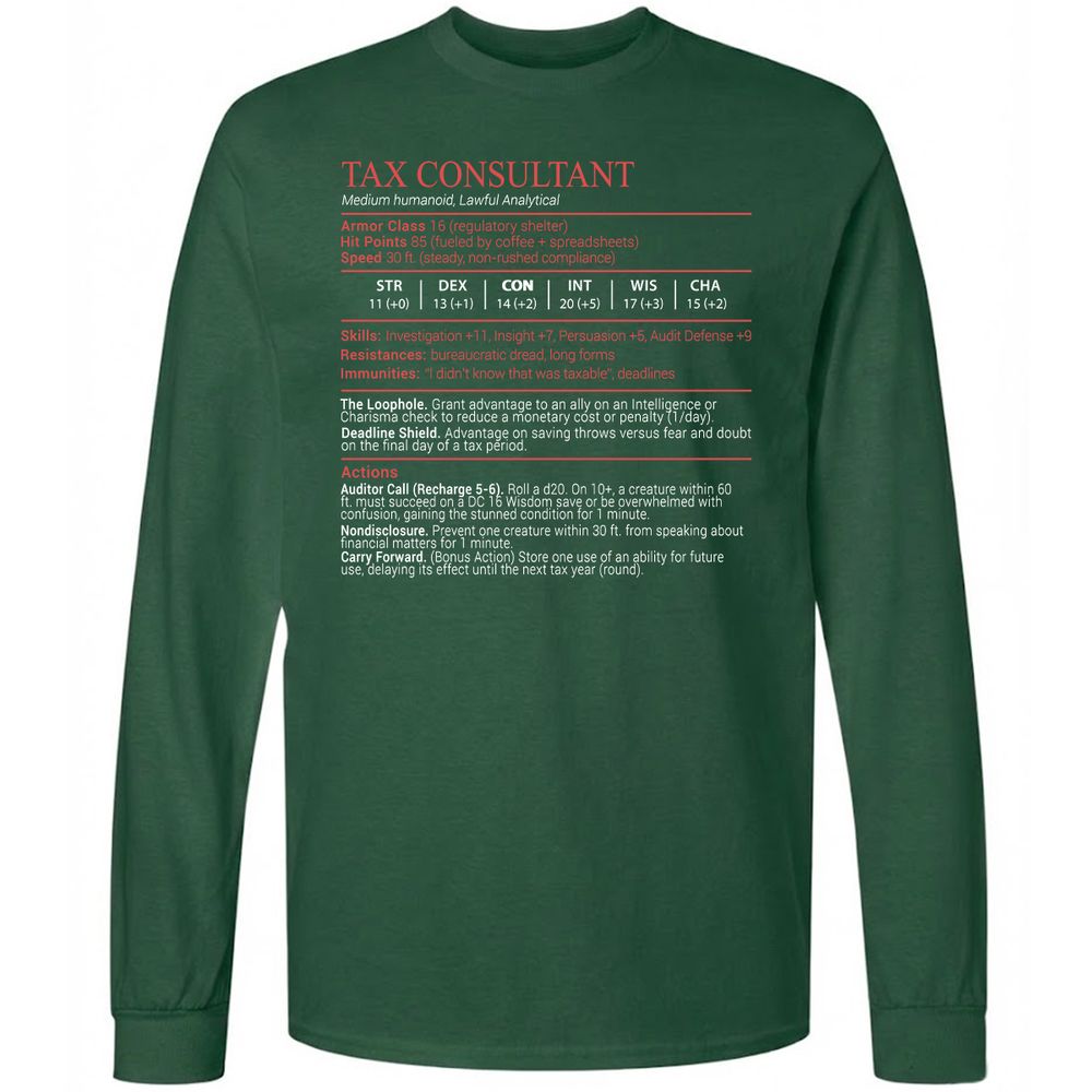 Tax Consultant Stats Block Long Sleeve T-Shirt - Forest Green - 4