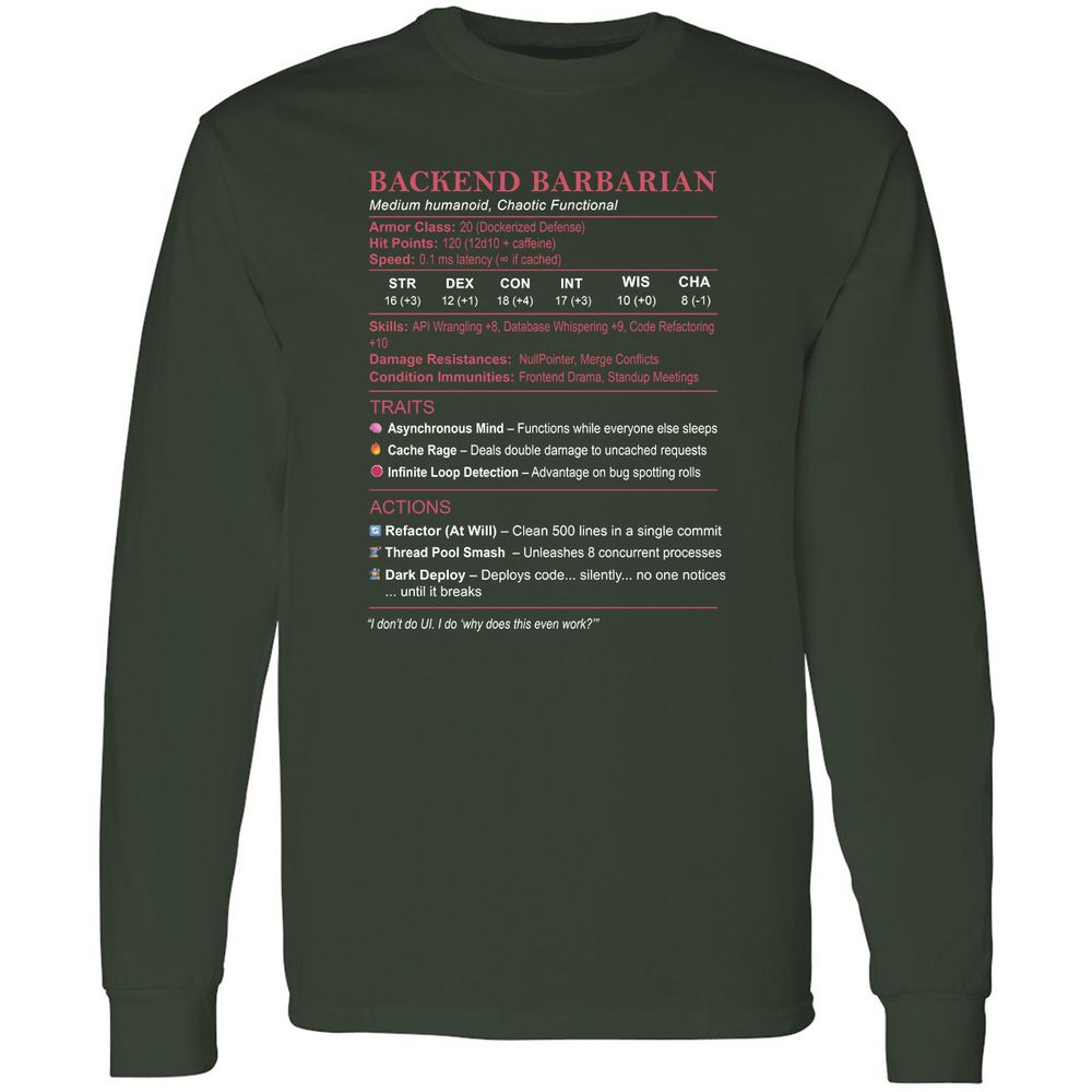 Backend Barbarian Stats Long Sleeve T-Shirt - Forest Green - 4