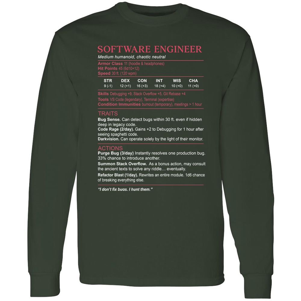Software Engineer Stats Long Sleeve T-Shirt - Forest Green - 4