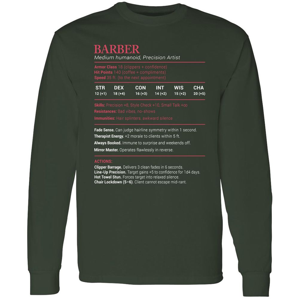 Barber Stats Long Sleeve T-Shirt - Forest Green - 4