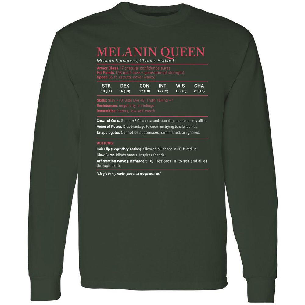 Melanin Queen Stats Long Sleeve T-Shirt - Forest Green - 4