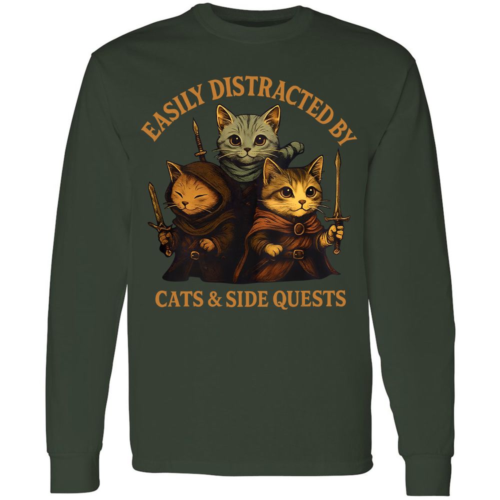 Easily Distracted By Cats & Side Quests Long Sleeve T-Shirt - Forest Green - 4