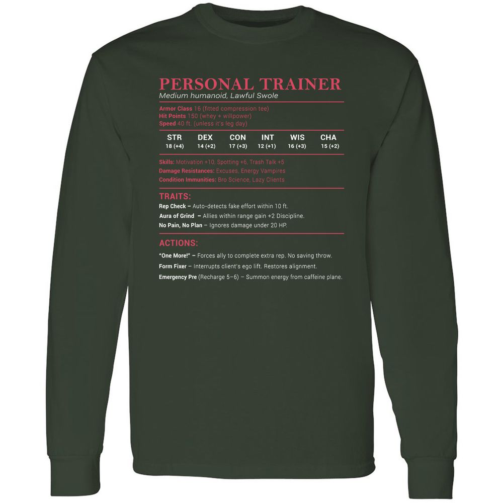 Personal Trainer PT Stats Long Sleeve T-Shirt - Forest Green - 4