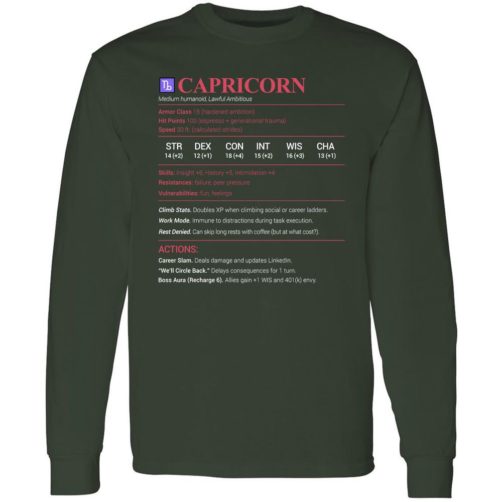 Capricorn Stats Long Sleeve T-Shirt - Forest Green - 4