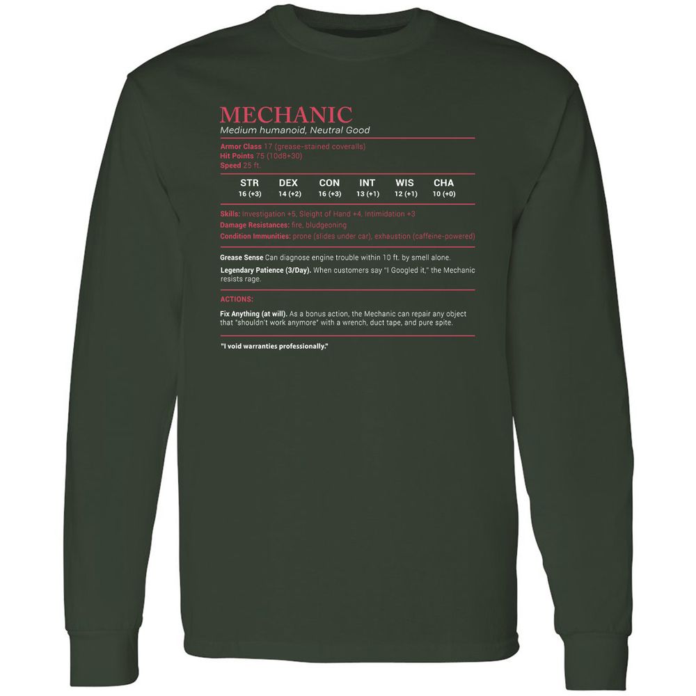 Mechanic Stats Long Sleeve T-Shirt - Forest Green - 4
