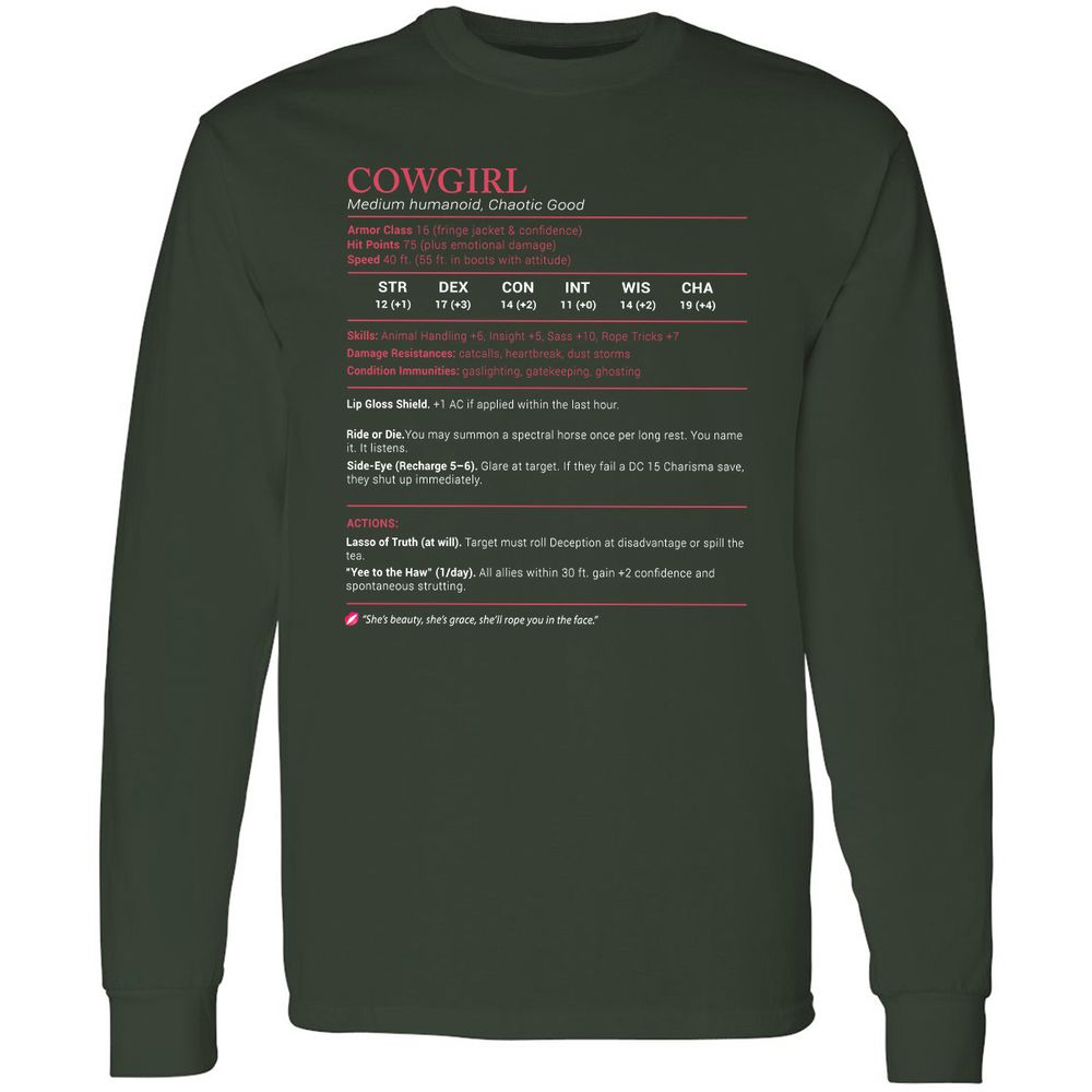 Cowgirl Stats Long Sleeve T-Shirt - Forest Green - 4
