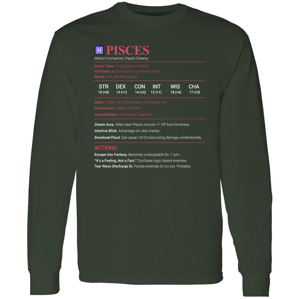 Pisces Stats Long Sleeve T-Shirt - Forest Green - 4