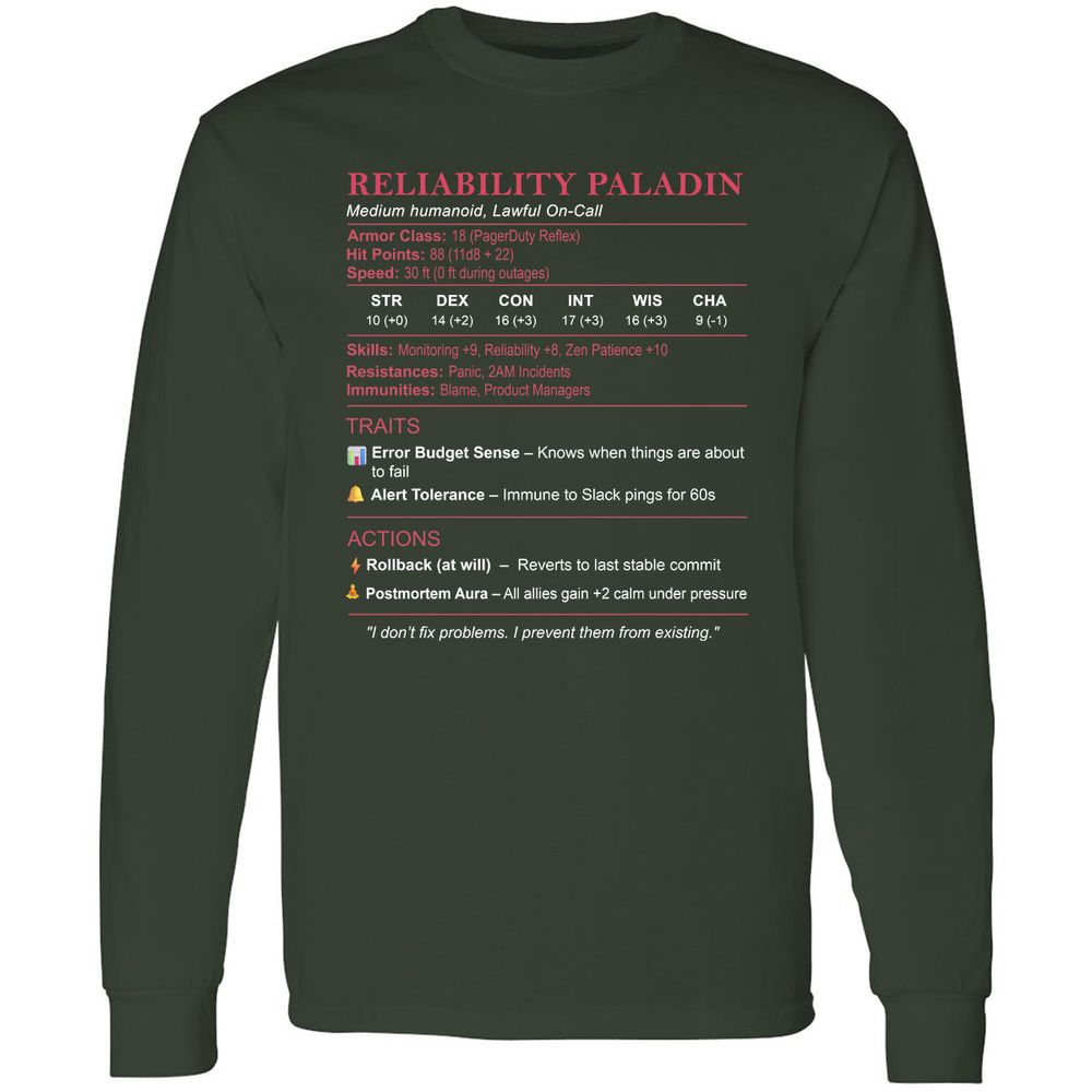 SRE Stats (Reliability Paladin) Long Sleeve T-Shirt - Forest Green - 4