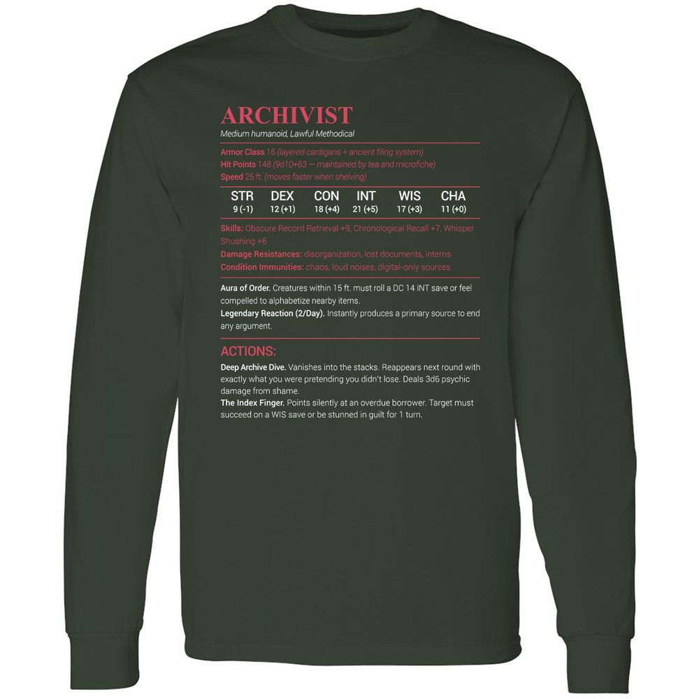 Archivist Stats Long Sleeve T-Shirt - Forest Green - 4