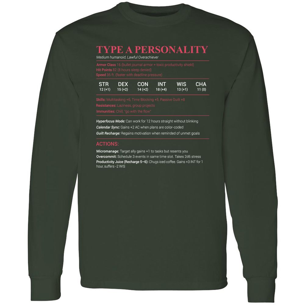 Type A Stats Long Sleeve T-Shirt - Forest Green - 4