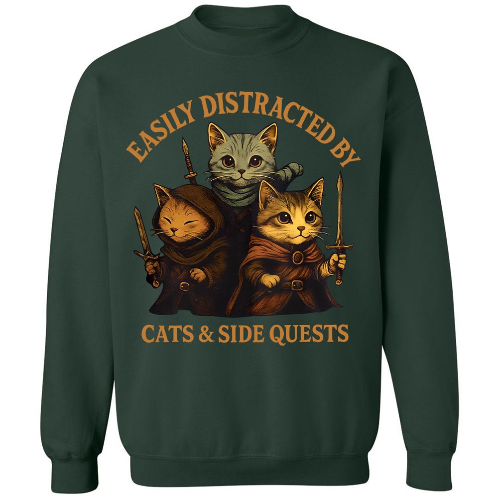 Easily Distracted By Cats & Side Quests Classic Unisex Sweatshirt - Forest Green - 4