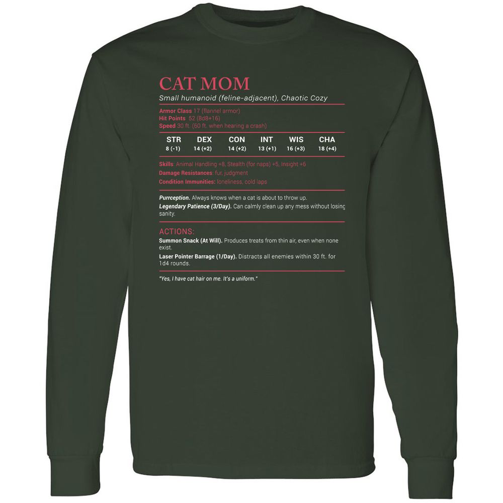 Cat Mom Stats Long Sleeve T-Shirt - Forest Green - 4
