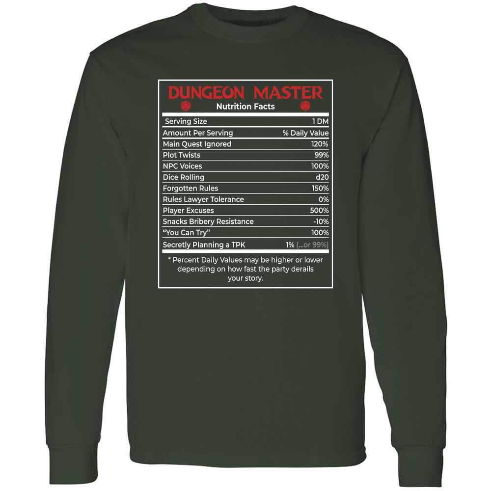 Dungeon Master Nutrition Facts Long Sleeve T-Shirt - Forest Green - 4